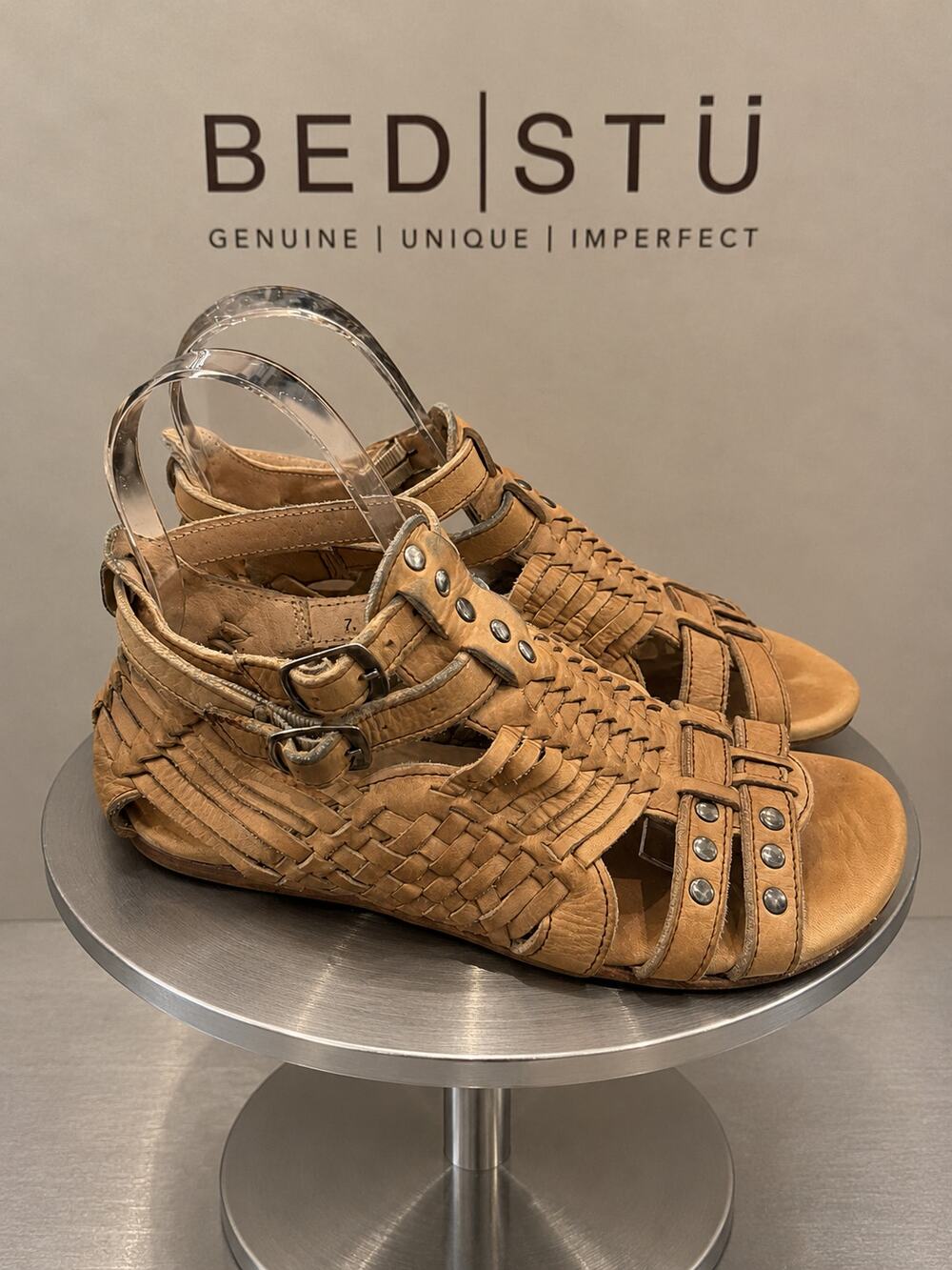 BED|STÜ Claire III Tan Woven Leather Huarache Sandals Women’s 7